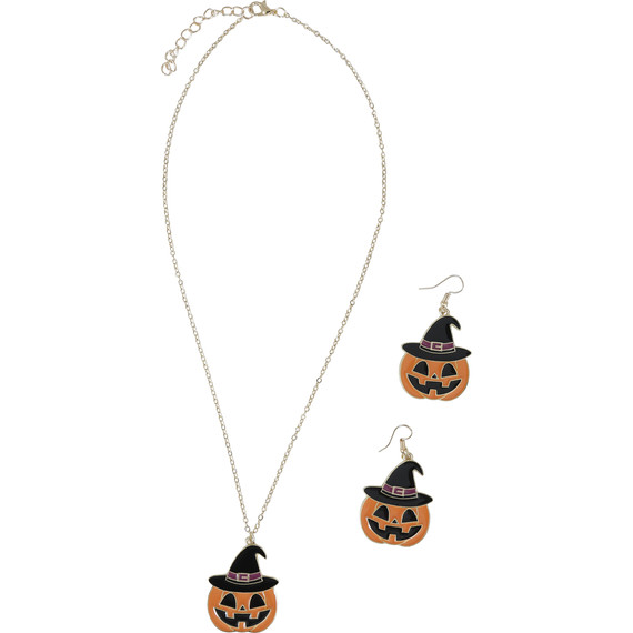 Fülbevaló és nyaklánc halloween szett, tök mintás