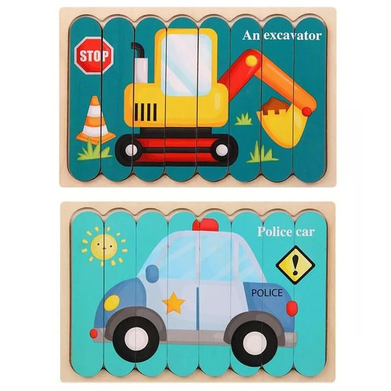 Fa puzzle csíkok - kétoldalas - Rendőrautó és markoló gép Fa puzzle csíkok - kétoldalas - Rendőrautó és markoló gép