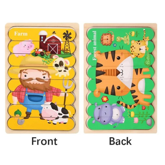 Fa puzzle csíkok - kétoldalas - Háziállatok és vadállatok Fa puzzle csíkok - kétoldalas - Háziállatok és vadállatok