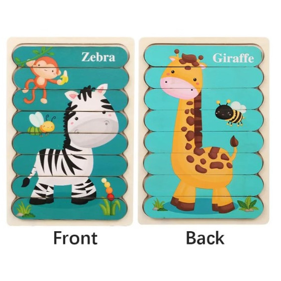Fa puzzle csíkok - kétoldalas - zebra és zsiráf