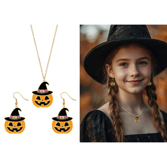Fülbevaló és nyaklánc halloween szett, tök mintás