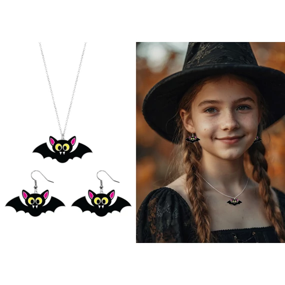 Fülbevaló és nyaklánc halloween szett, denevéres
